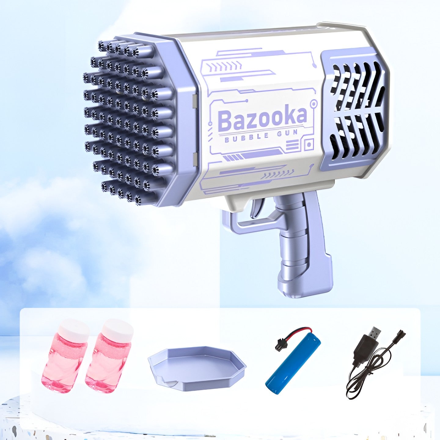 Pistol pentru Baloane de Sapun, Flippy, 69 de Gauri, Lumini Colorate, Tavita, Lichid, Baterie de Li, Cablu de Incarcare, 24cm x 14cm x 24cm, Mov-2