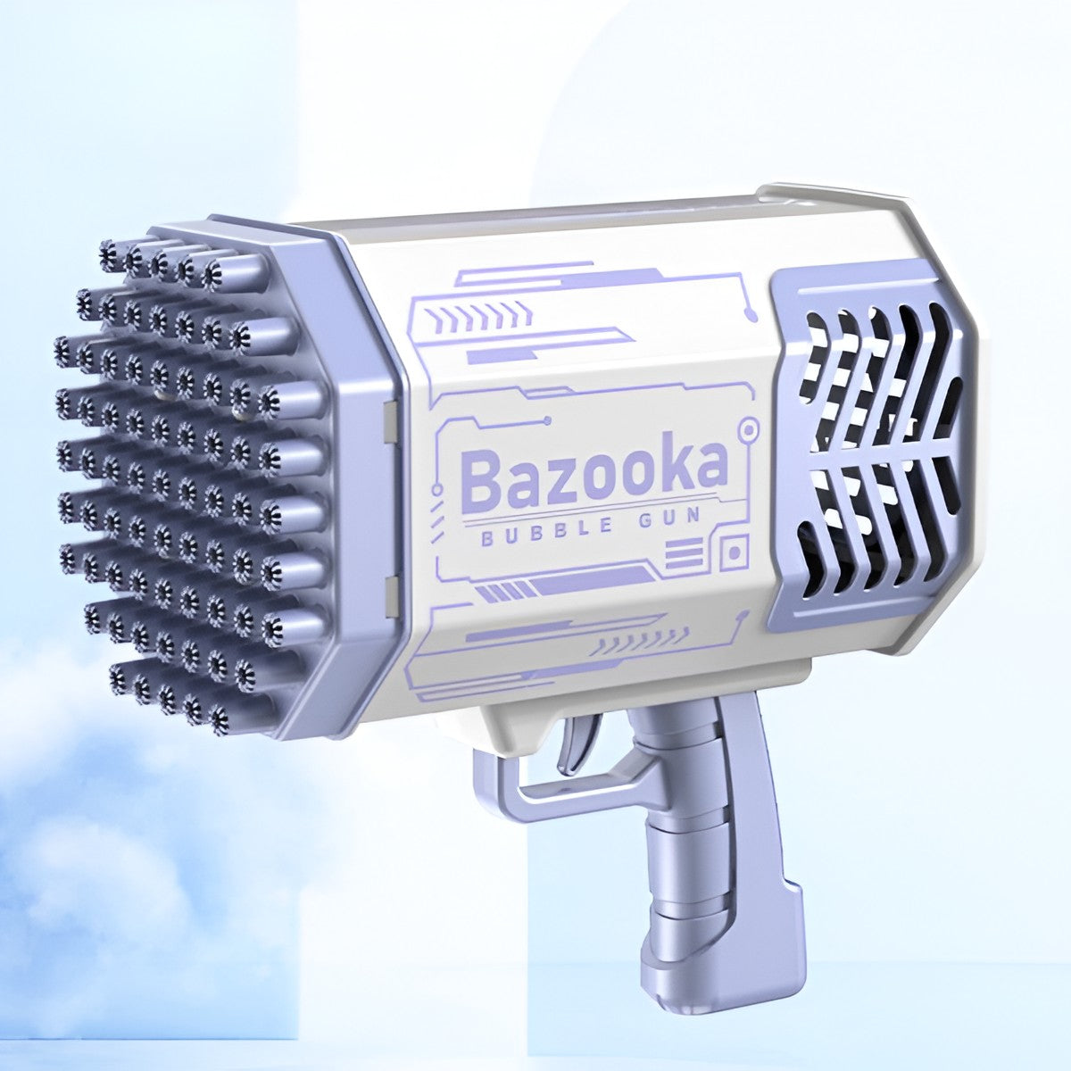 Pistol pentru Baloane de Sapun, Flippy, 69 de Gauri, Lumini Colorate, Tavita, Lichid, Baterie de Li, Cablu de Incarcare, 24cm x 14cm x 24cm, Mov-3