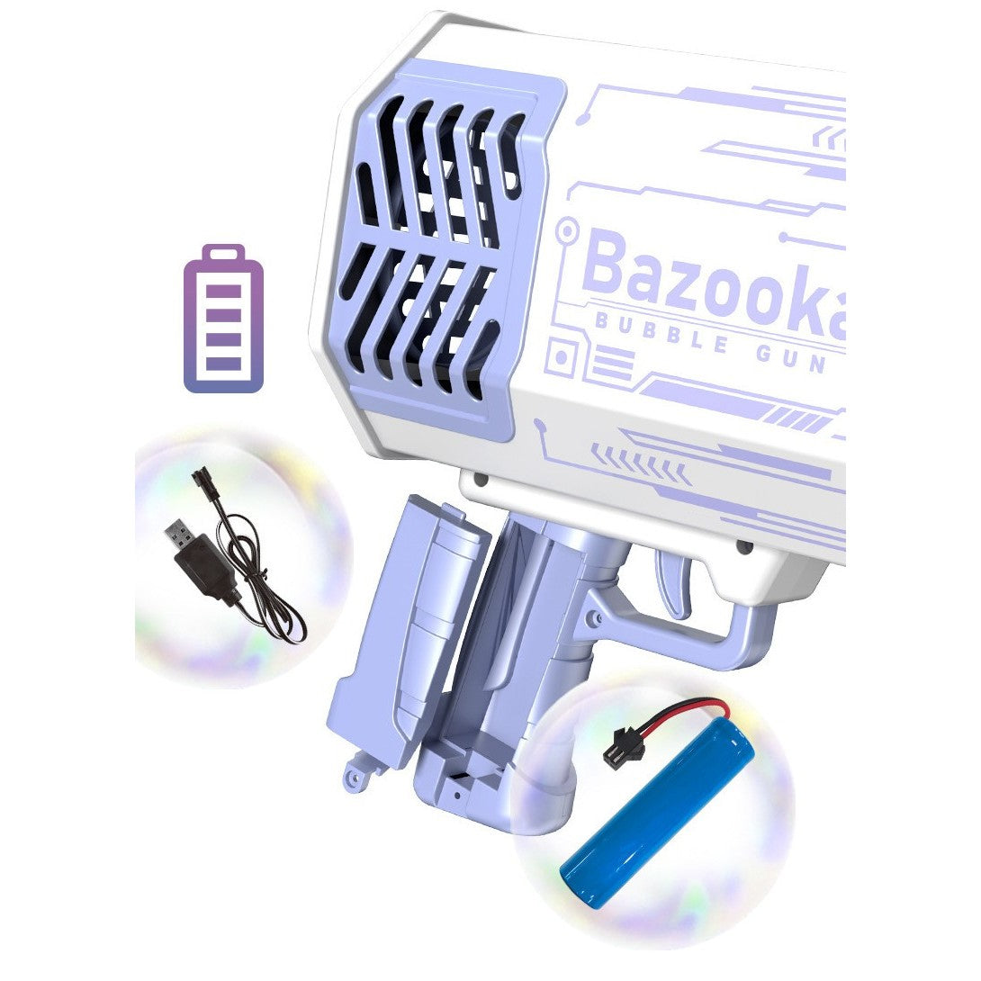 Pistol pentru Baloane de Sapun, Flippy, 69 de Gauri, Lumini Colorate, Tavita, Lichid, Baterie de Li, Cablu de Incarcare, 24cm x 14cm x 24cm, Mov-5