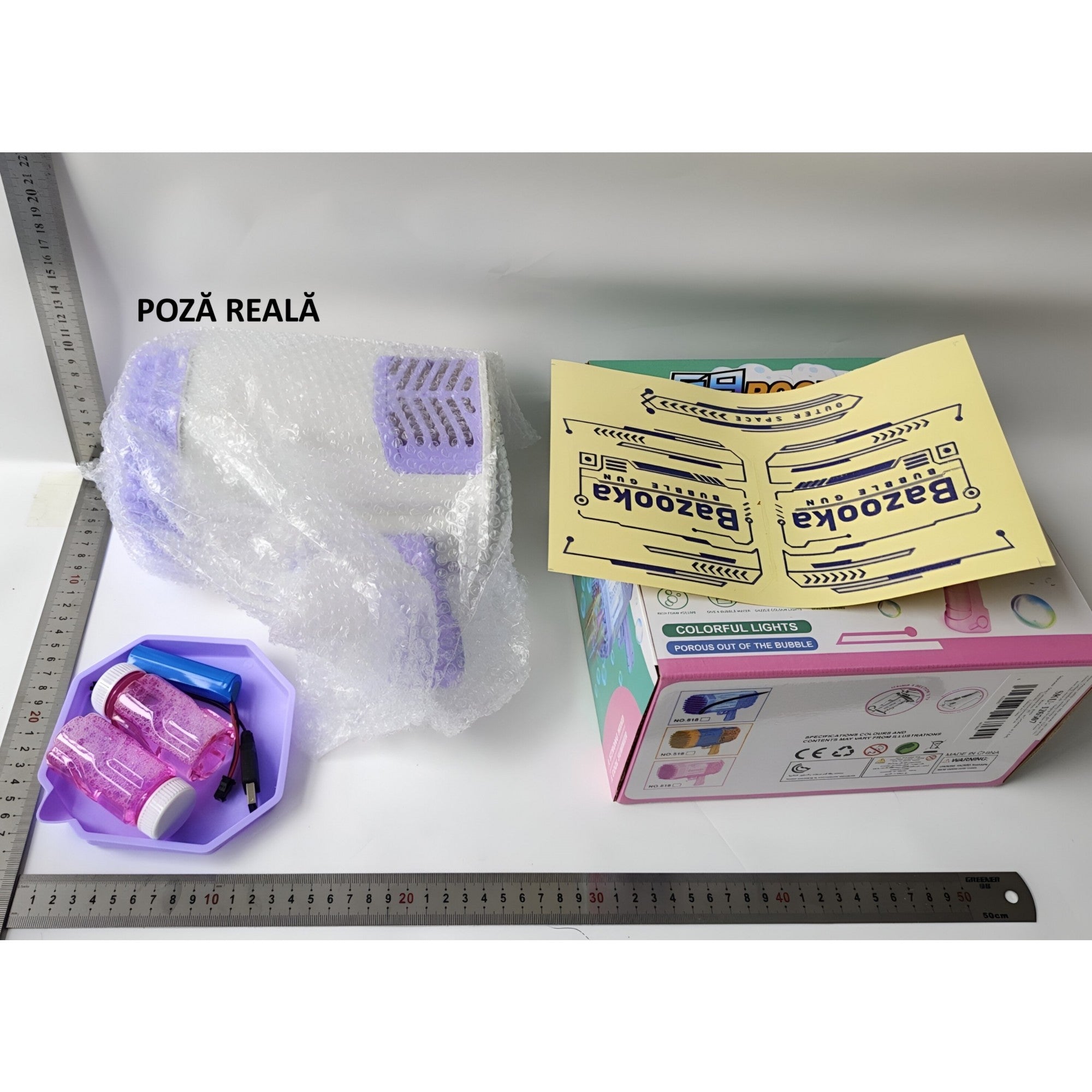 Pistol pentru Baloane de Sapun, Flippy, 69 de Gauri, Lumini Colorate, Tavita, Lichid, Baterie de Li, Cablu de Incarcare, 24cm x 14cm x 24cm, Mov-6