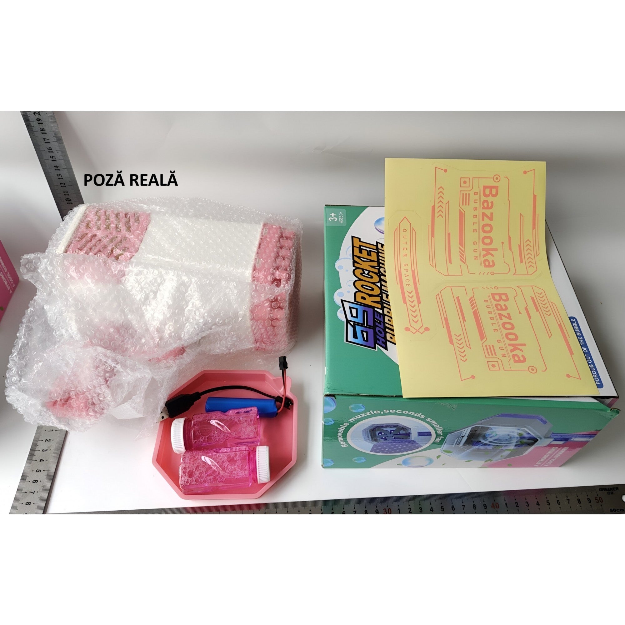 Pistol pentru Baloane de Sapun, Flippy, 69 de Gauri, Lumini Colorate, Tavita, Lichid, Baterie de Li, Cablu de Incarcare, 24cm x 14cm x 24cm, Roz-1