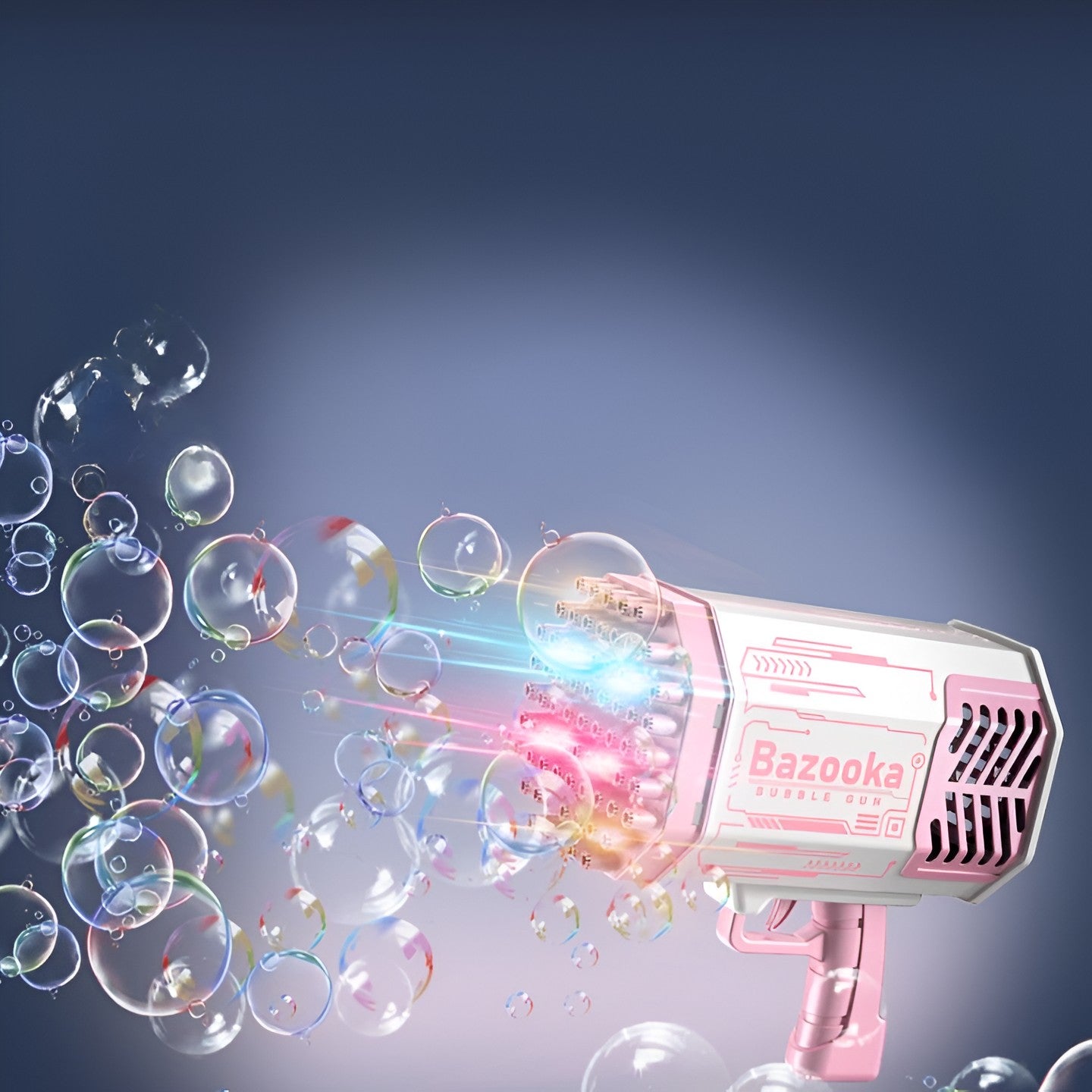 Pistol pentru Baloane de Sapun, Flippy, 69 de Gauri, Lumini Colorate, Tavita, Lichid, Baterie de Li, Cablu de Incarcare, 24cm x 14cm x 24cm, Roz-2