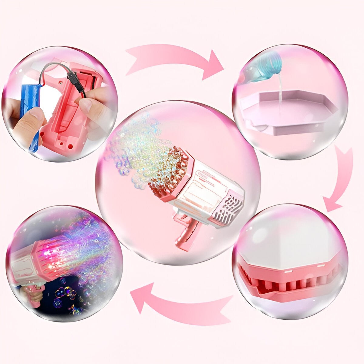 Pistol pentru Baloane de Sapun, Flippy, 69 de Gauri, Lumini Colorate, Tavita, Lichid, Baterie de Li, Cablu de Incarcare, 24cm x 14cm x 24cm, Roz-7