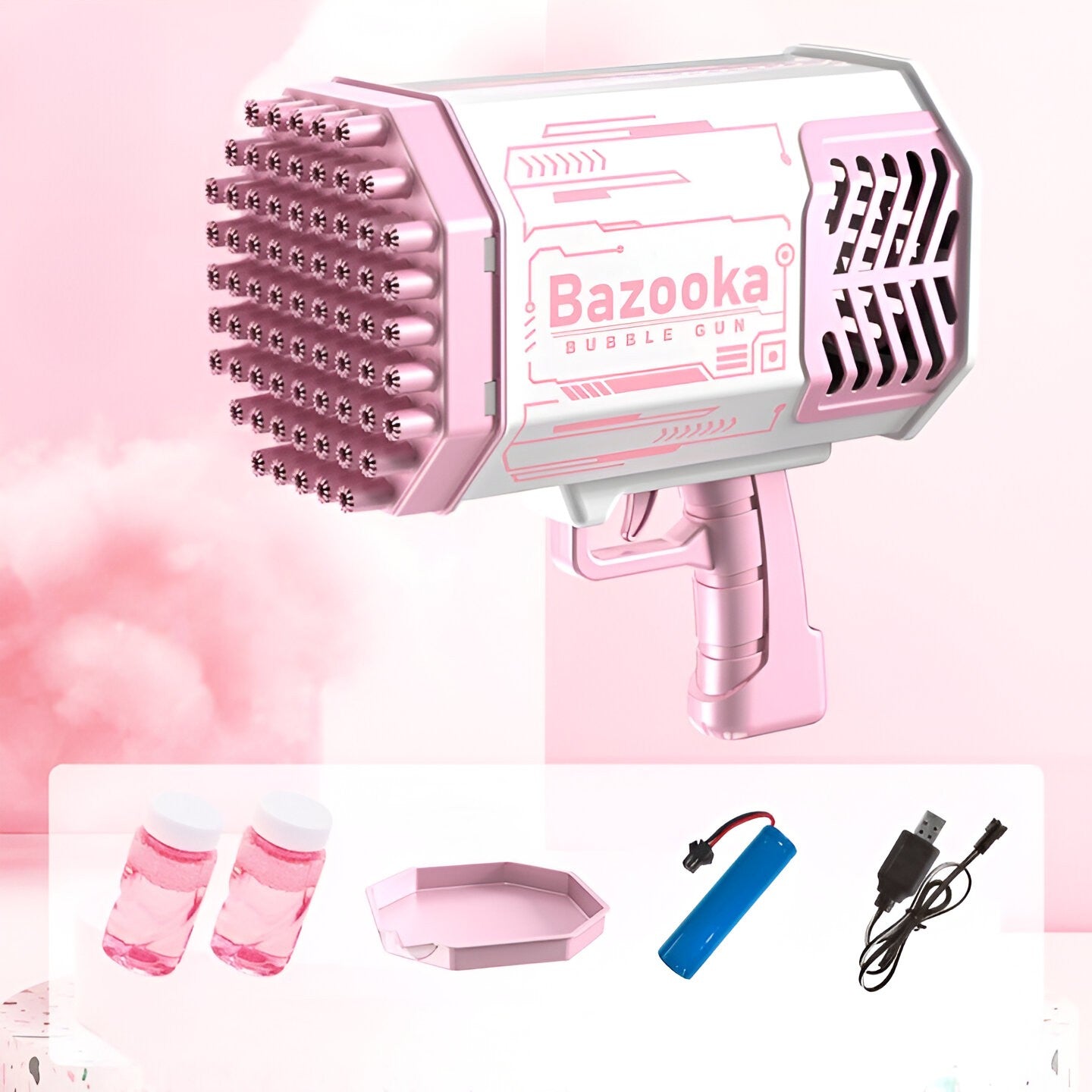 Pistol pentru Baloane de Sapun, Flippy, 69 de Gauri, Lumini Colorate, Tavita, Lichid, Baterie de Li, Cablu de Incarcare, 24cm x 14cm x 24cm, Roz-8