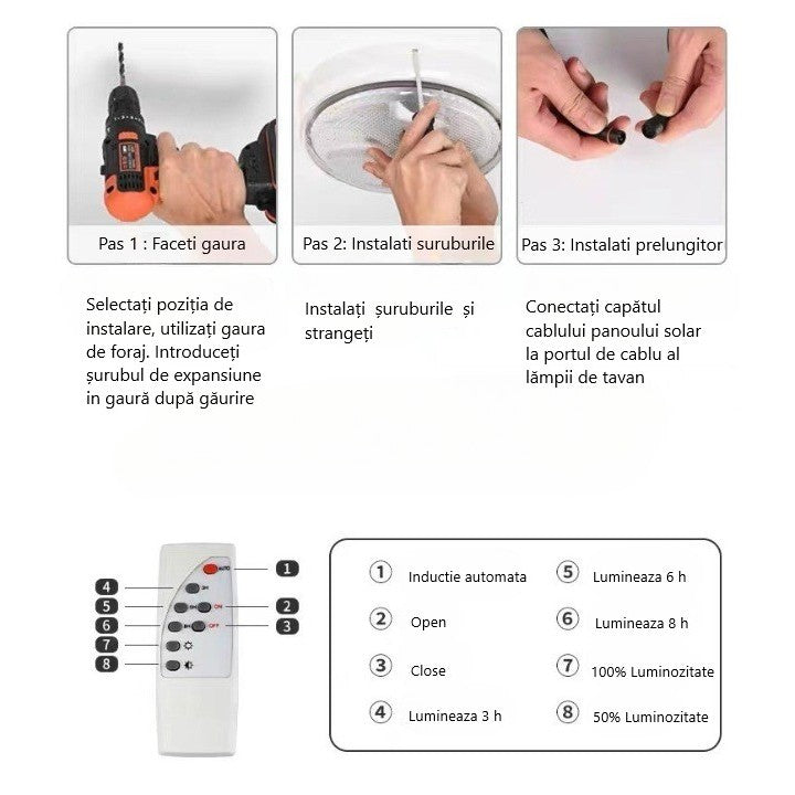 Plafoniera solara Flippy, 100 W, diametru 240 MM, cu telecomanda, Lungime prelungitor: 4.6 m, alb rece-3