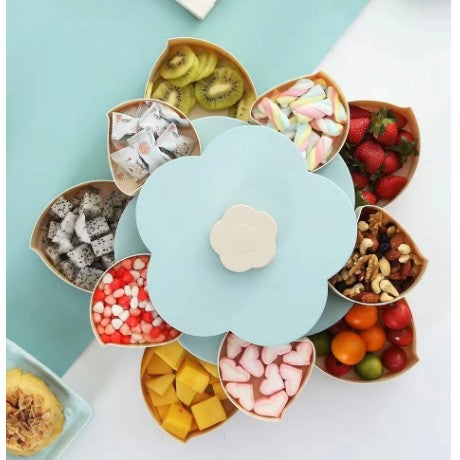 Tava pentru Servire, Flippy, pentru Fructe/Legume/Snaks, cu Sertare, Rotativa, pe 2 Straturi, in Forma de Floare, Albastru-0