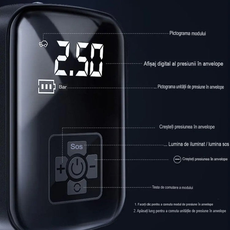 Pompa de Aer Wireless, Flippy, Portabila, 150 PSI, Pentru Anvelope si Mingi, Baterie 2000 mAh, Afisaj Digital, 12.7 x 8.5 cm, Negru-1