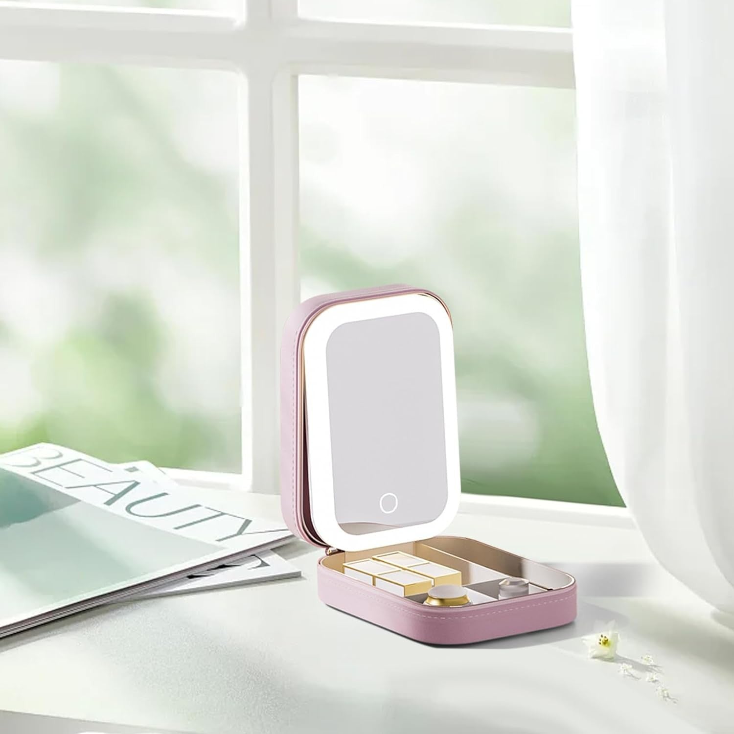 Portfard, Flippy, Geanta Cosmetice, cu Oglinda LED, 3 Moduri de Lumina, Incarcare USB, Baterie 1200 mAh, pentru Organizarea Cosmeticelor, 4 Compartimente, Imitatie Piele, Roz, 16.5x11.5x6 cm-4