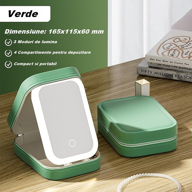 Portfard, Flippy, Geanta Cosmetice, cu Oglinda LED, 3 Moduri de Lumina, Incarcare USB, Baterie 1200 mAh, pentru Organizarea Cosmeticelor, 4 Compartimente, Imitatie Piele, Verde, 16.5x11.5x6 cm-2