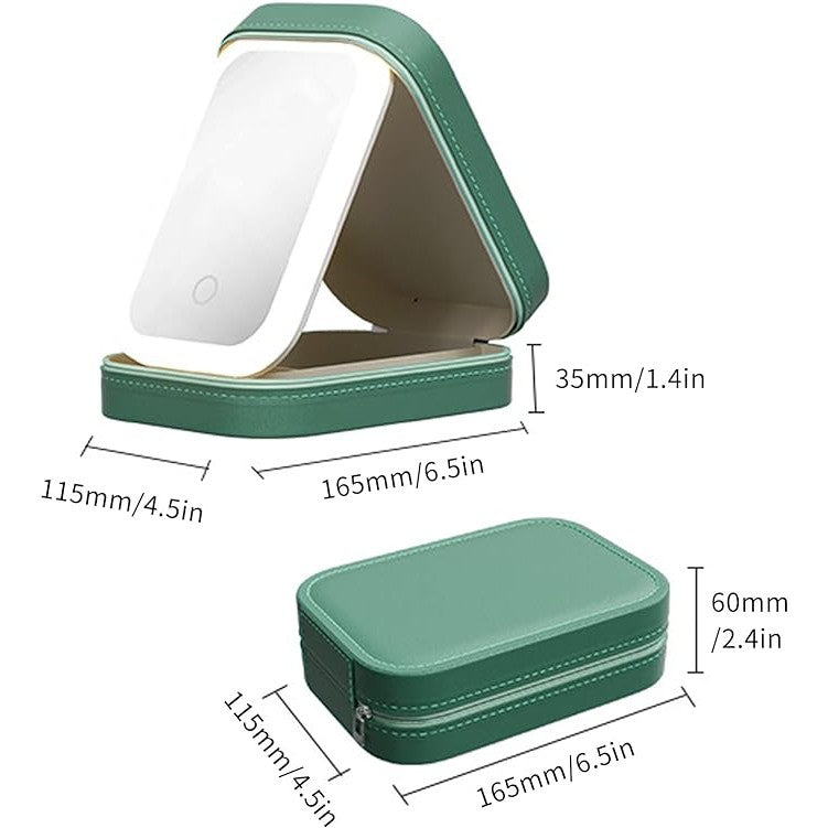 Portfard, Flippy, Geanta Cosmetice, cu Oglinda LED, 3 Moduri de Lumina, Incarcare USB, Baterie 1200 mAh, pentru Organizarea Cosmeticelor, 4 Compartimente, Imitatie Piele, Verde, 16.5x11.5x6 cm-4