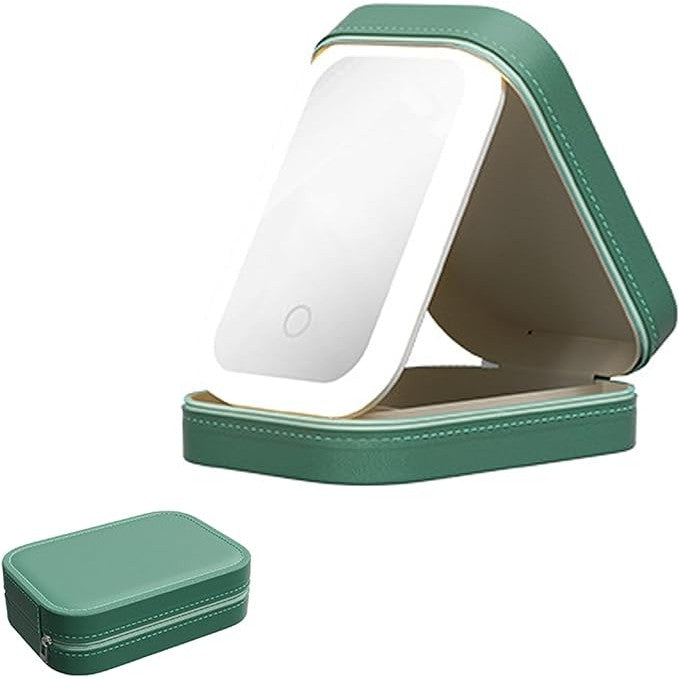 Portfard, Flippy, Geanta Cosmetice, cu Oglinda LED, 3 Moduri de Lumina, Incarcare USB, Baterie 1200 mAh, pentru Organizarea Cosmeticelor, 4 Compartimente, Imitatie Piele, Verde, 16.5x11.5x6 cm-5