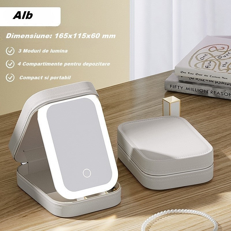 Portfard, Flippy, Geanta Cosmetice, cu Oglinda LED, 3 Moduri de Lumina, Incarcare USB, Baterie 1200 mAh, pentru Organizarea Cosmeticelor, 4 Compartimente, Imitatie Piele, Alb, 16.5x11.5x6 cm-2