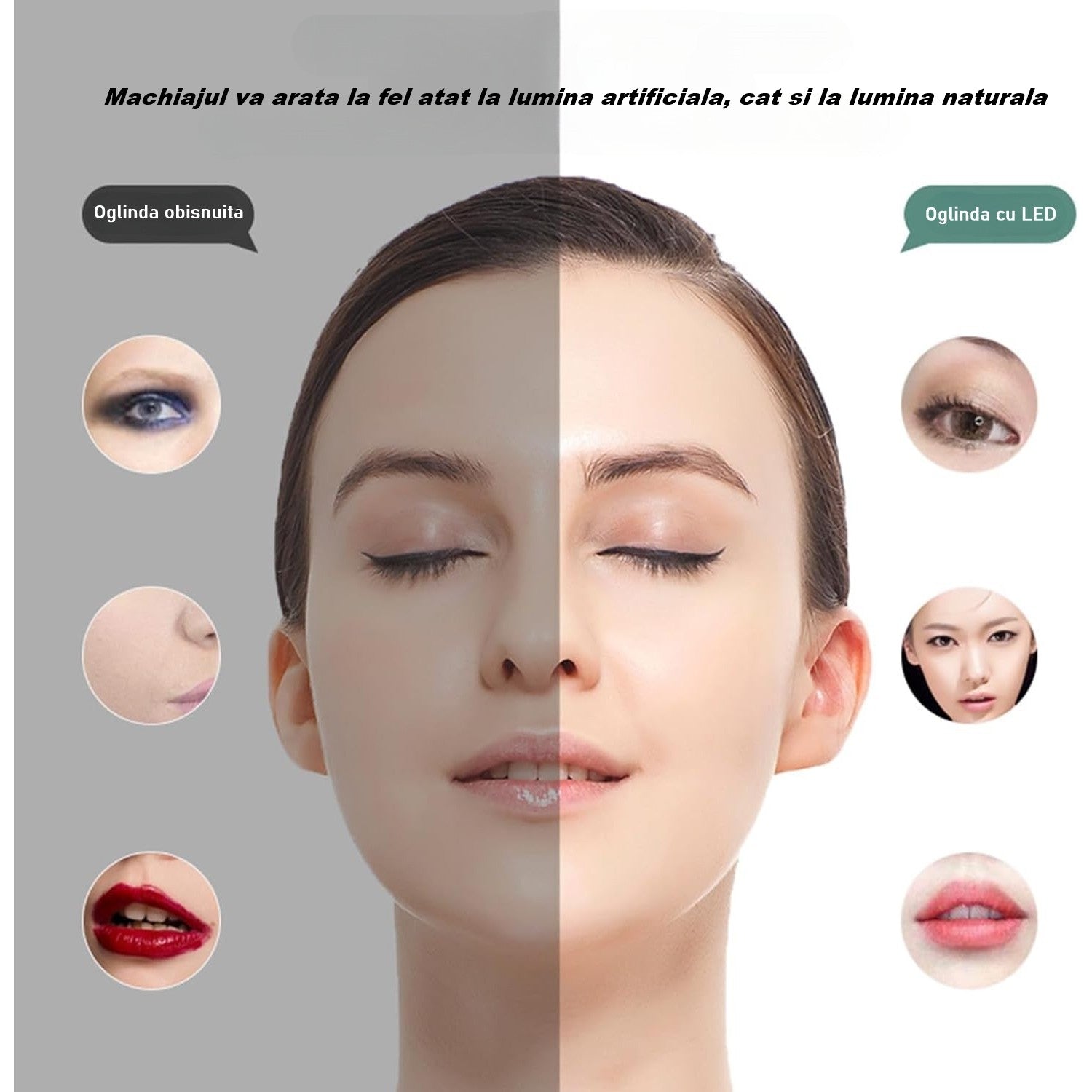 Portfard, Flippy, Geanta Cosmetice, cu Oglinda LED, 3 Moduri de Lumina, Incarcare USB, Baterie 1200 mAh, pentru Organizarea Cosmeticelor, 4 Compartimente, Imitatie Piele, Alb, 16.5x11.5x6 cm-3