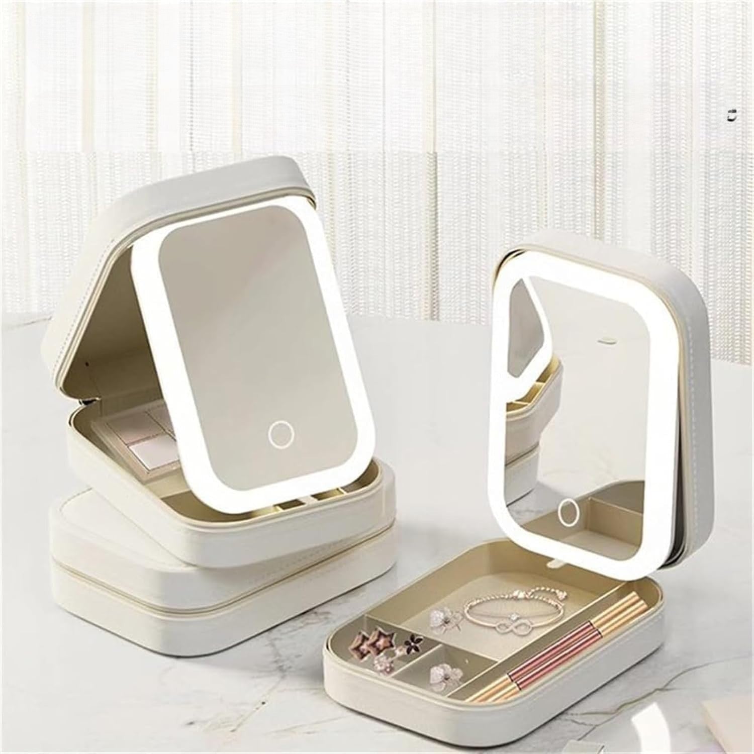 Portfard, Flippy, Geanta Cosmetice, cu Oglinda LED, 3 Moduri de Lumina, Incarcare USB, Baterie 1200 mAh, pentru Organizarea Cosmeticelor, 4 Compartimente, Imitatie Piele, Alb, 16.5x11.5x6 cm-5