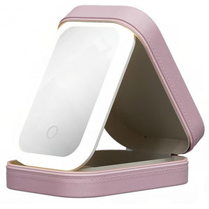 Portfard, Flippy, Geanta Cosmetice, cu Oglinda LED, 3 Moduri de Lumina, Incarcare USB, Baterie 1200 mAh, pentru Organizarea Cosmeticelor, 4 Compartimente, Imitatie Piele, Roz, 16.5x11.5x6 cm-0
