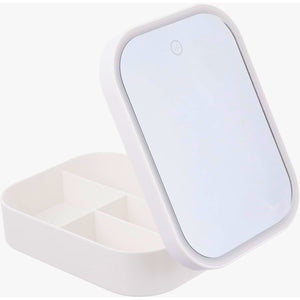 Portfard, Flippy, Geanta Cosmetice, cu Oglinda LED, 3 Moduri de Lumina, Incarcare USB, Baterie 1200 mAh, pentru Organizarea Cosmeticelor, 4 Compartimente, Imitatie Piele, Alb, 16.5x11.5x6 cm-0