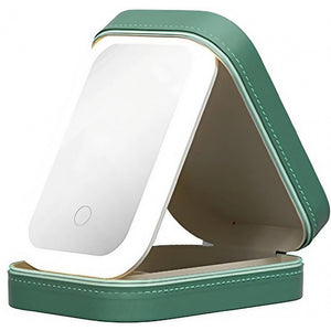 Portfard, Flippy, Geanta Cosmetice, cu Oglinda LED, 3 Moduri de Lumina, Incarcare USB, Baterie 1200 mAh, pentru Organizarea Cosmeticelor, 4 Compartimente, Imitatie Piele, Verde, 16.5x11.5x6 cm-0