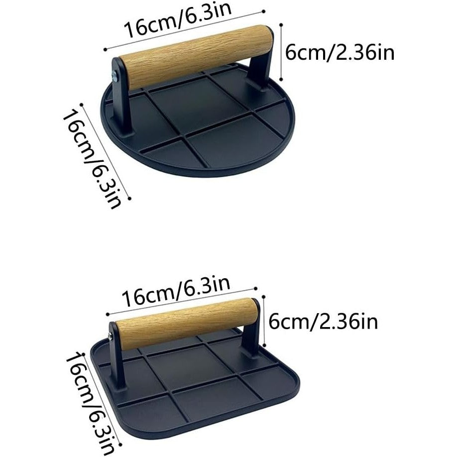 Presa Manuala pentru Carne, Flippy, din Aliaj de Aluminiu, Maner din Lemn, Presa pentru Burgeri, Usor de Curatat si Folosit, Patrata, 16x16x6 cm, Neagra-4