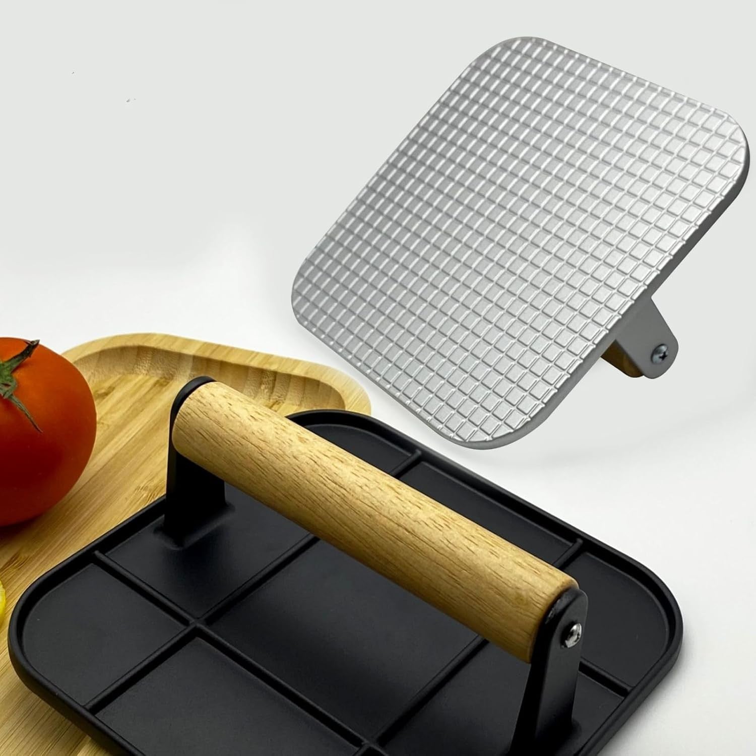 Presa Manuala pentru Carne, Flippy, din Aliaj de Aluminiu, Maner din Lemn, Presa pentru Burgeri, Usor de Curatat si Folosit, Patrata, 16x16x6 cm, Neagra-8