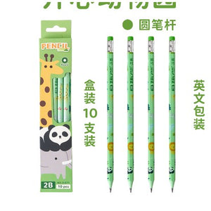 Set 10 Creioane Negre, Flippy, 2B, pentru Scoala, cu Radiera, Model Verde cu Panda-0