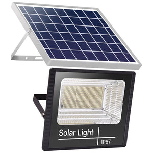 Proiector LED/Lampa solara de exterior Flippy, 20 cm x 25 cm, Rezistent la Apa IP67, cu Panou Solar, 220 LED SMD, 100W, Senzor de lumina, Timer, cu Telecomanda, 2 moduri de iluminat, kit montaj inclus, Lumina Rece-0
