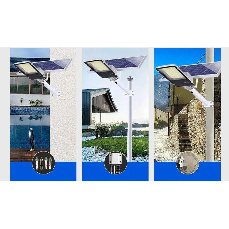 Proiector LED pentru stalp, casa, perete cu suport metalic inclus, Flippy, 38,5 cm x 14,2 cm, Rezistent la Apa IP65, cu Panou Solar, 240 COB LED, 100 W, Senzor de lumina, Timer, cu Telecomanda, intensitate reglabila, kit montaj inclus, Lumina Re-2