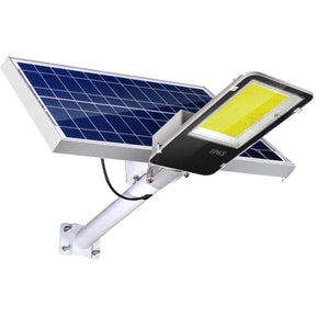 Proiector LED pentru stalp, casa, perete cu suport metalic inclus, Flippy, 38,5 cm x 14,2 cm, Rezistent la Apa IP65, cu Panou Solar, 240 COB LED, 100 W, Senzor de lumina, Timer, cu Telecomanda, intensitate reglabila, kit montaj inclus, Lumina Re-0