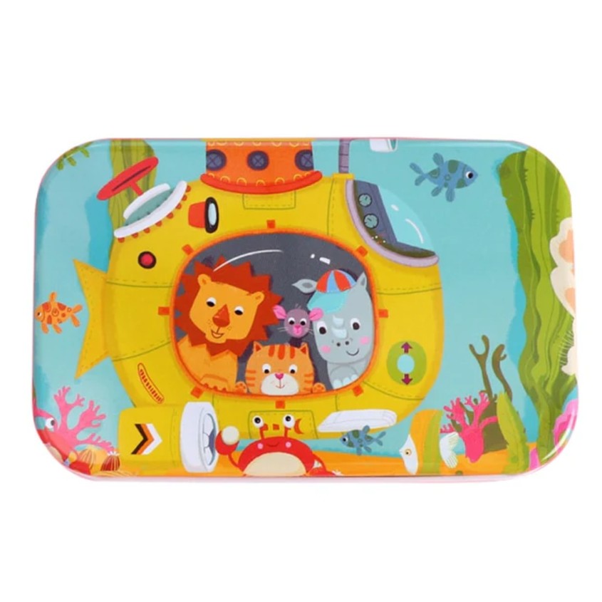 Puzzle 60 de Piese din Lemn in Cutie Metalica, Flippy, Model Submarin, Educativ, Dezvoltare Abilitati Cognitive, pentru Prescolari, 22.5x13.5 cm, Multicolor-6