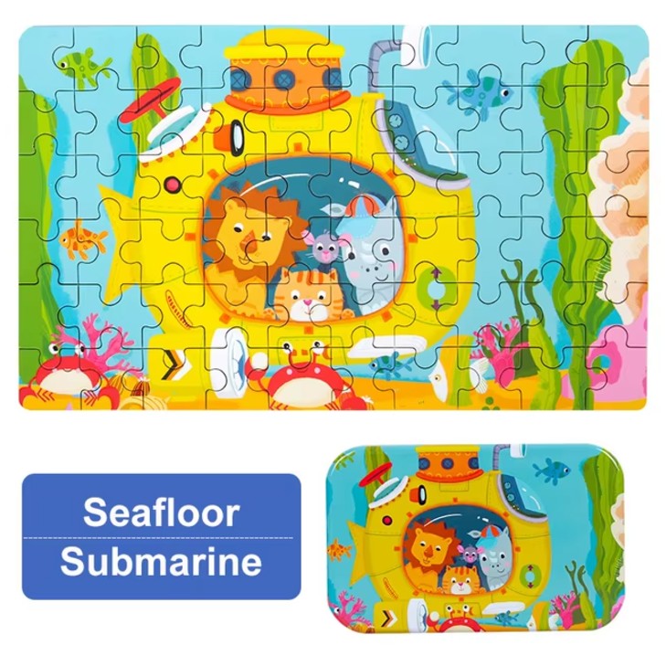 Puzzle 60 de Piese din Lemn in Cutie Metalica, Flippy, Model Submarin, Educativ, Dezvoltare Abilitati Cognitive, pentru Prescolari, 22.5x13.5 cm, Multicolor-7