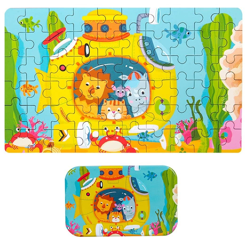 Puzzle 60 de Piese din Lemn in Cutie Metalica, Flippy, Model Submarin, Educativ, Dezvoltare Abilitati Cognitive, pentru Prescolari, 22.5x13.5 cm, Multicolor-0