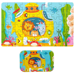Puzzle 60 de Piese din Lemn in Cutie Metalica, Flippy, Model Submarin, Educativ, Dezvoltare Abilitati Cognitive, pentru Prescolari, 22.5x13.5 cm, Multicolor-0