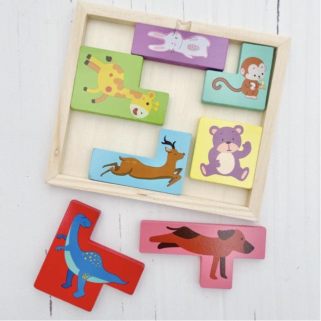 Puzzle din Lemn Flippy, Tip Tetris, +4 Ani, cu Animale Colorate 3D, 7 Piese, Multicolor-1