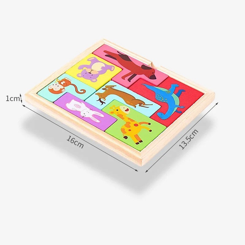 Puzzle din Lemn Flippy, Tip Tetris, +4 Ani, cu Animale Colorate 3D, 7 Piese, Multicolor-3