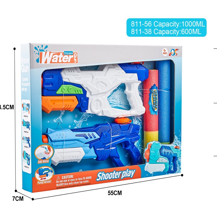 Set 2x Pistol cu Apa pentru Copii, Rezervor, Pentru Piscina/Plaja, Flippy, 6ani+, Alb/Albastru + Albastru, 1000 ML + 600 ML-1