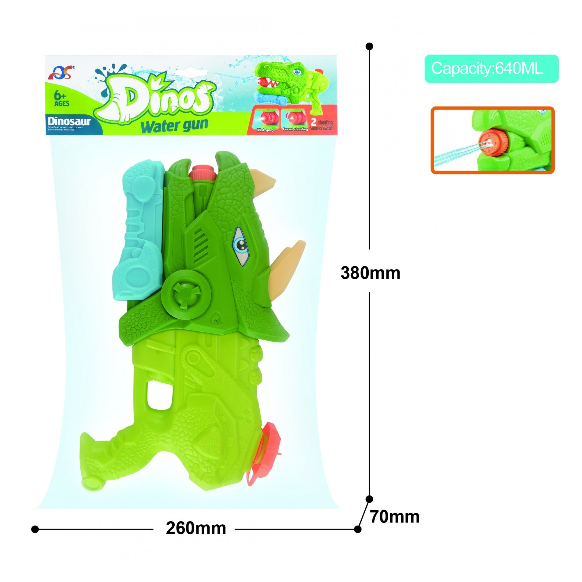 Pistol cu Apa pentru Copii, Rezervor, Pentru Piscina/Plaja, Flippy, 6ani+, Triceratops, 3 duze, Verde, 640ML-1