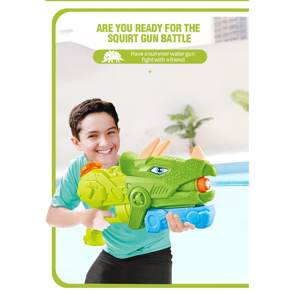 Pistol cu Apa pentru Copii, Rezervor, Pentru Piscina/Plaja, Flippy, 6ani+, Triceratops, 3 duze, Verde, 640ML-2