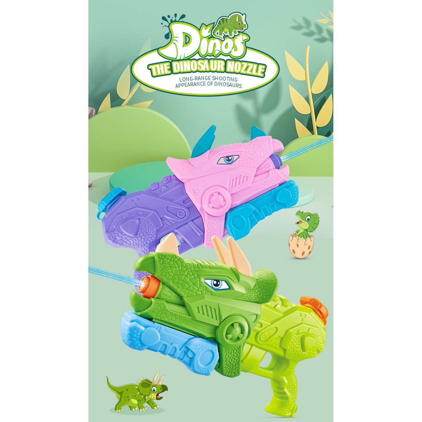 Pistol cu Apa pentru Copii, Rezervor, Pentru Piscina/Plaja, Flippy, 6ani+, Triceratops, 3 duze, Verde, 640ML-7