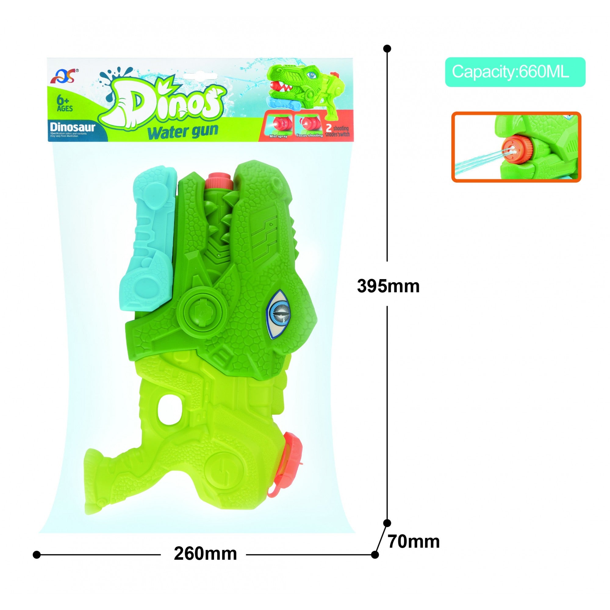 Pistol cu Apa pentru Copii, Rezervor, Pentru Piscina/Plaja, Flippy, 6ani+, Tiranozaur, 3 duze, Verde, 660ML-1