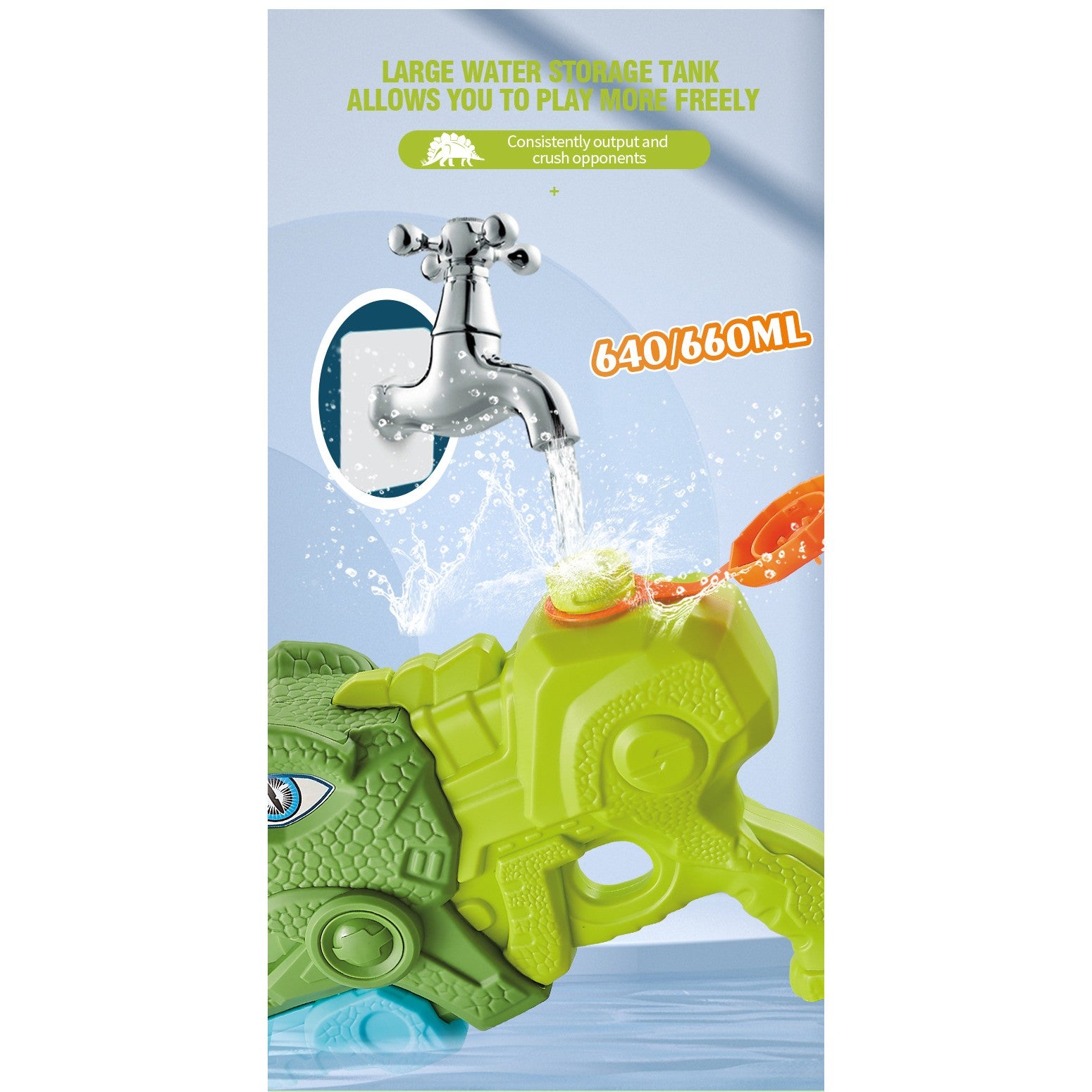 Pistol cu Apa pentru Copii, Rezervor, Pentru Piscina/Plaja, Flippy, 6ani+, Tiranozaur, 3 duze, Verde, 660ML-5