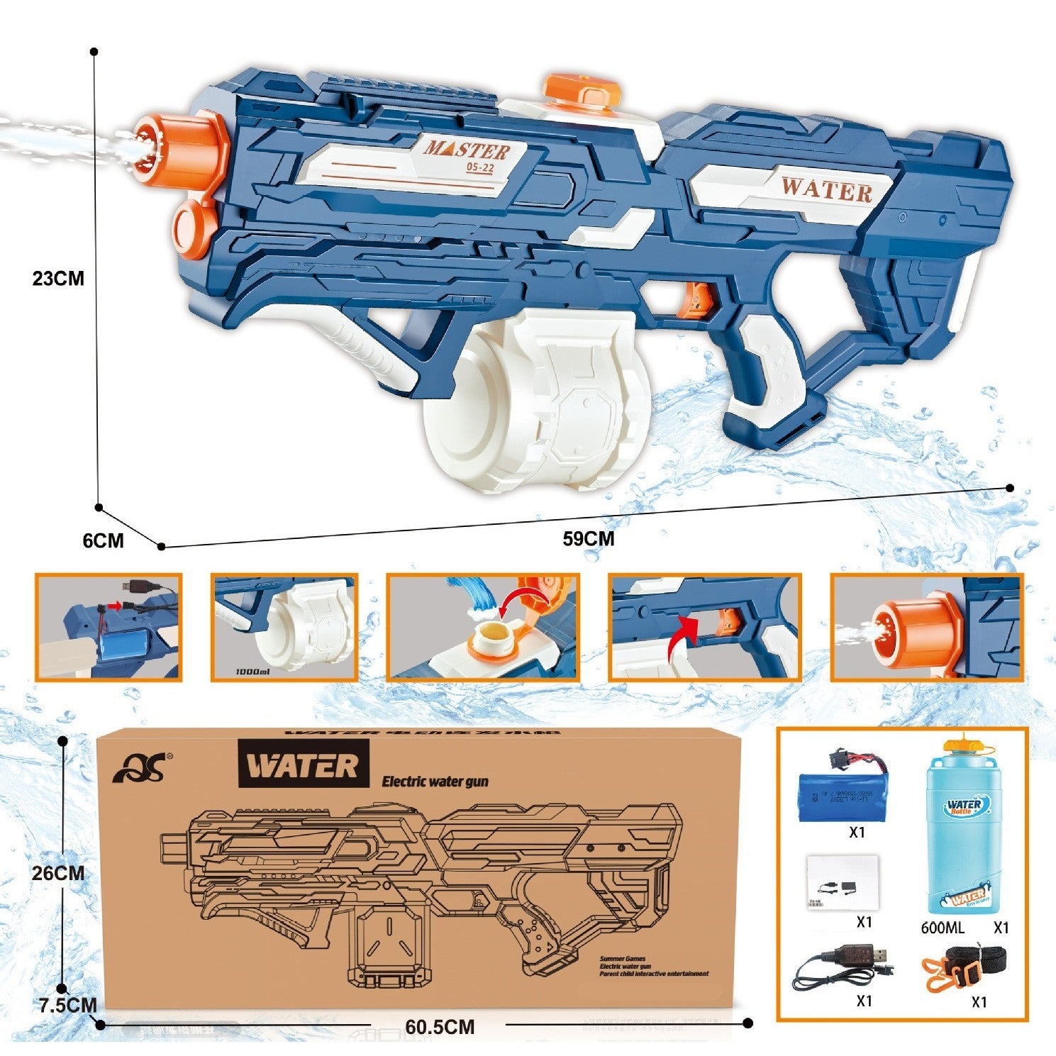 Pistol cu Apa pentru Copii, Rezervor 600ml, Flippy, 14ani+, cu baterie 1500mAh, Electric Burst, Albastru/Alb, 1000ML-2