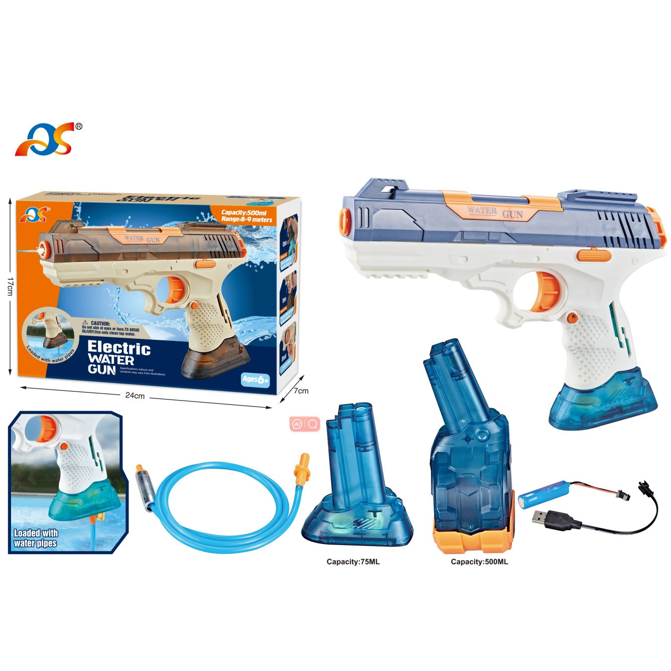 Pistol cu apa 2in1 pentru copii Flippy, 2 Rezervoare de 75 si 300 mL, Reglabil, material ABS/silicon, Electric, Baterie, Furtun, albastru-0