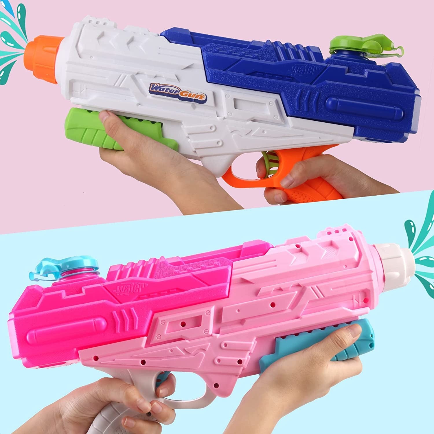 Set 2x Pistol cu Apa pentru Copii, Rezervor, Pentru Piscina/Plaja, Flippy, 6ani+, Roz + Albastru, 1200 ML-6