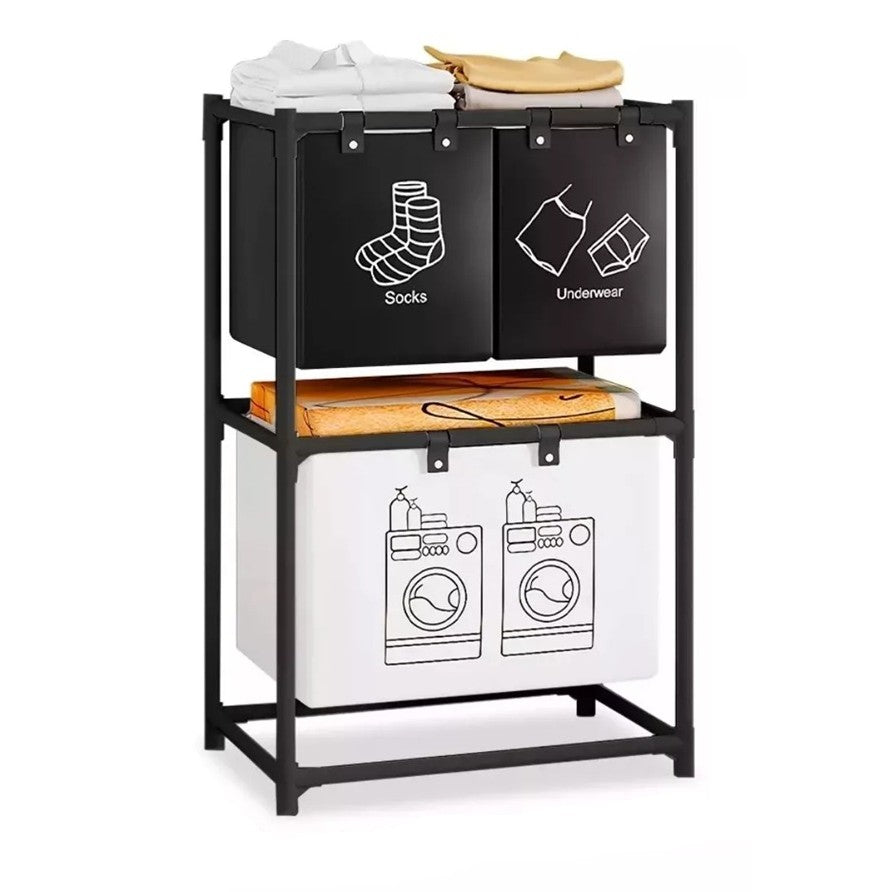 Dulap de Depozitare cu doua straturi, Flippy, Cos pentru Haine Murdare, 97x28x57 cm, Negru