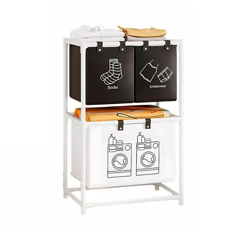 Dulap de Depozitare cu doua straturi, Flippy, Cos pentru Haine Murdare, 97x28x57 cm, Alb