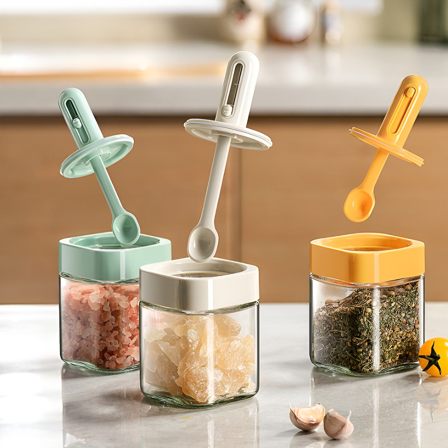Recipient pentru Depozitarea Condimentelor, Flippy, Borcan din Sticla, Capac si Lingura Incorporate, Uz Casnic, 300 ml, 7.1x7.1x14.8 cm, Verde-1