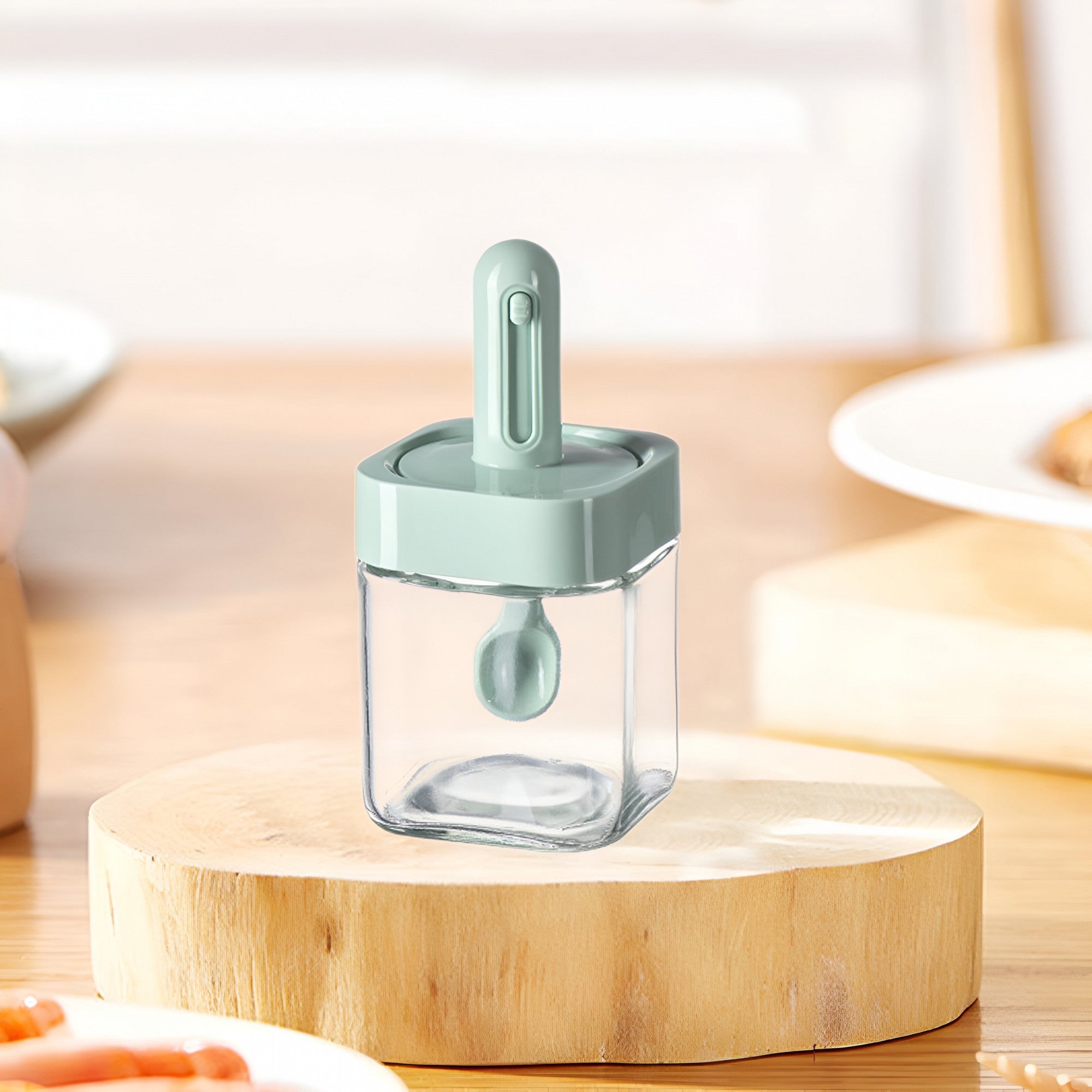 Recipient pentru Depozitarea Condimentelor, Flippy, Borcan din Sticla, Capac si Lingura Incorporate, Uz Casnic, 300 ml, 7.1x7.1x14.8 cm, Verde-2