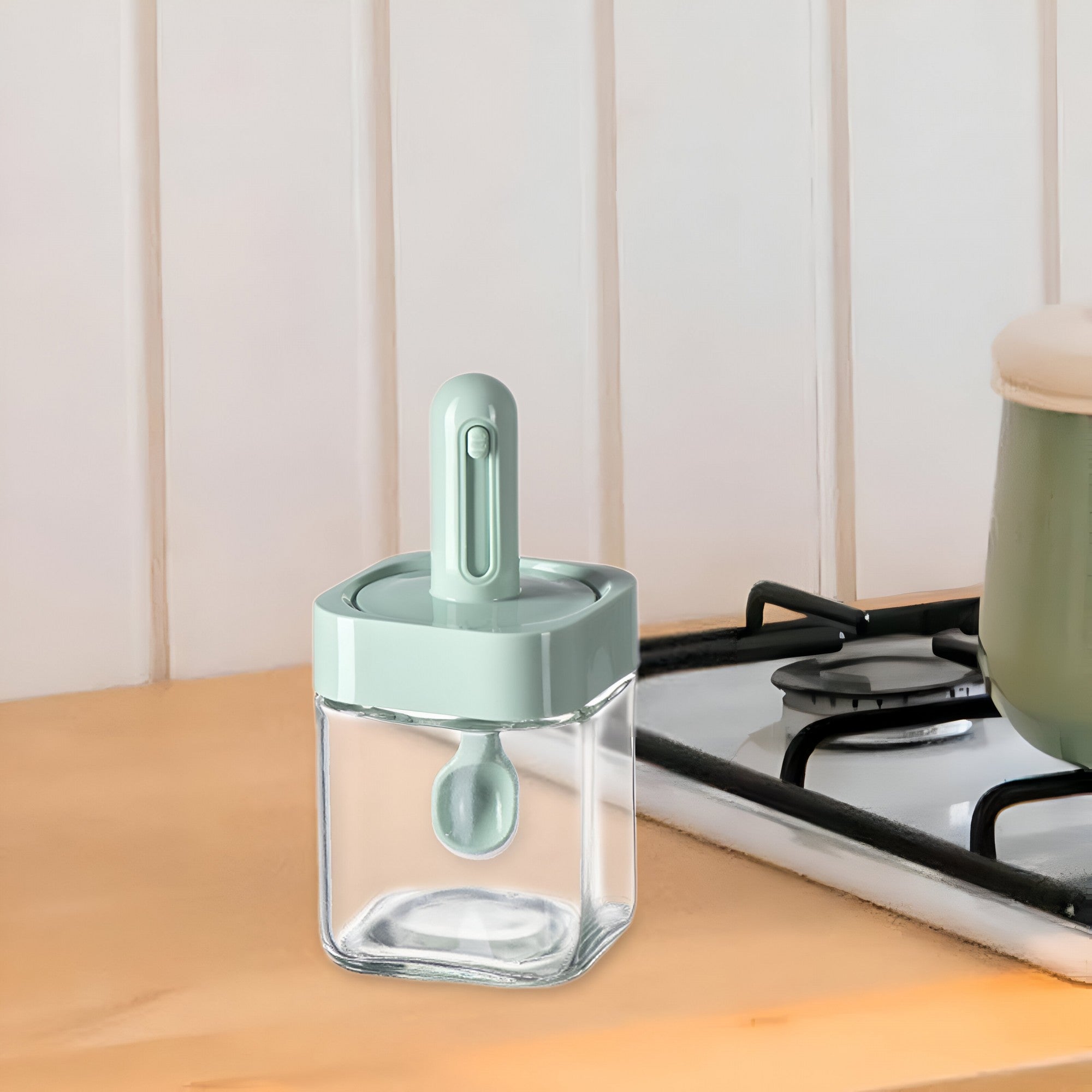 Recipient pentru Depozitarea Condimentelor, Flippy, Borcan din Sticla, Capac si Lingura Incorporate, Uz Casnic, 300 ml, 7.1x7.1x14.8 cm, Verde-3