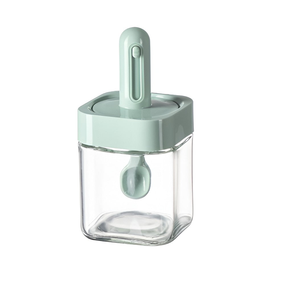 Recipient pentru Depozitarea Condimentelor, Flippy, Borcan din Sticla, Capac si Lingura Incorporate, Uz Casnic, 300 ml, 7.1x7.1x14.8 cm, Verde-0