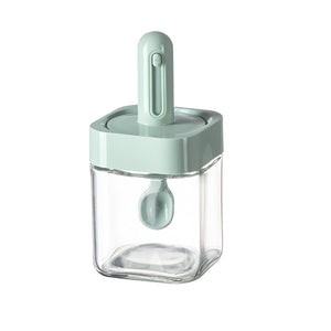 Recipient pentru Depozitarea Condimentelor, Flippy, Borcan din Sticla, Capac si Lingura Incorporate, Uz Casnic, 300 ml, 7.1x7.1x14.8 cm, Verde-0