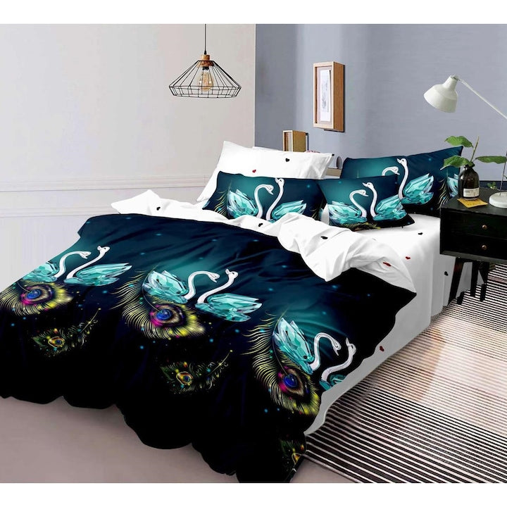 Lenjerie pat Lebada, 6 piese, culoare alb/turcoaz, bumbac 100%